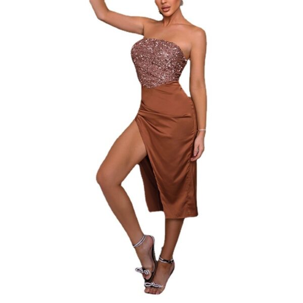 Sexy Tube Top Temperament High Slit Pure Color Sequins Evening Dress - Image 2