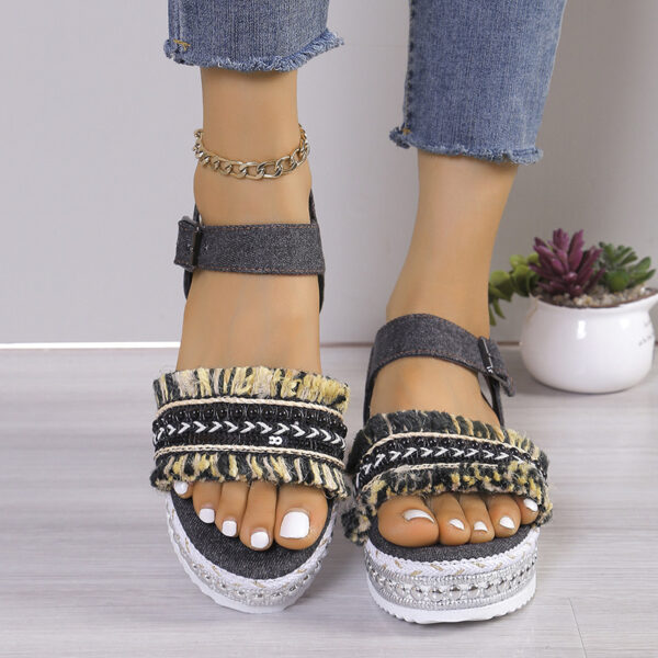 Fashion Tassel Denim Sandals With Thick-soled Flat Heel New Summer Hemp Rope Sole Ethnic Style Shoes For Women - Image 7