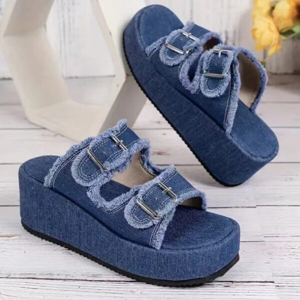 Fashion Denim Buckle Wedges Sandals Summer Outdoor High Heel Slippers Thick Bottom Camouflage Shoes For Women - Image 2