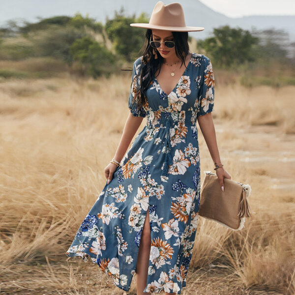 Floral Summer Beach Dress With V Neck Elastic Waist Dresses For Women - Image 2