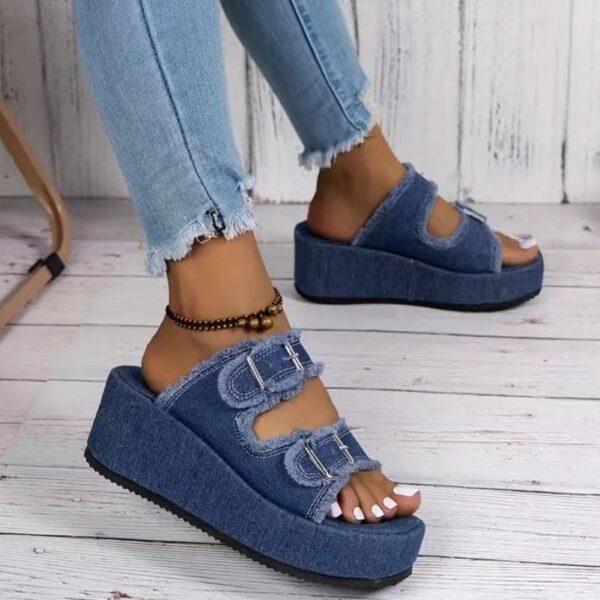 Fashion Denim Buckle Wedges Sandals Summer Outdoor High Heel Slippers Thick Bottom Camouflage Shoes For Women - Image 6