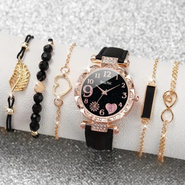 Women's Diamond Dial Belt Quartz Watch Beaded Bracelet Suit - Image 6