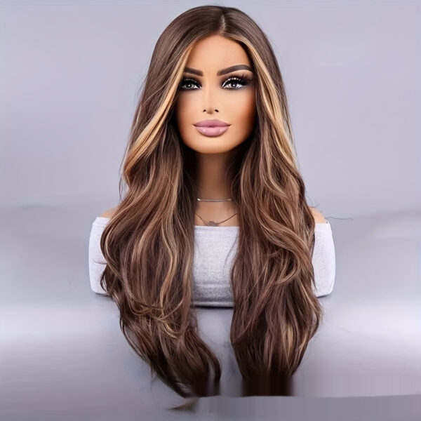 26-inch Elegant Women's Wig Brown Mixed Color Wavy Long Hair Synthetic Fiber Rose Mesh Cap Daily Wear - Image 2