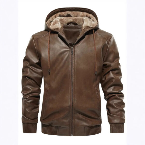 Winter Fleece-lined Men's Casual All-matching Hooded Leather Coat Coat - Image 3