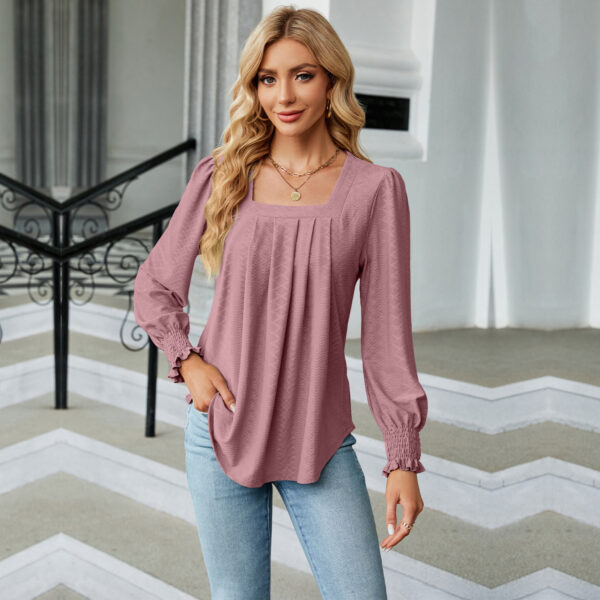 New Jacquard Pleated Square Neck T-shirt Fashion Solid Color Long Sleeve Pullover Tops Womens Clothing - Image 4