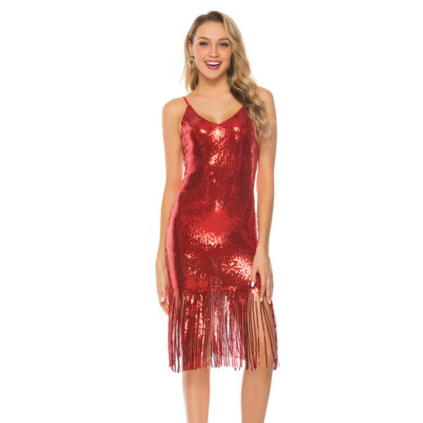 Deep V-Neck Sequined Fringed Backless Slip Dress - Image 9