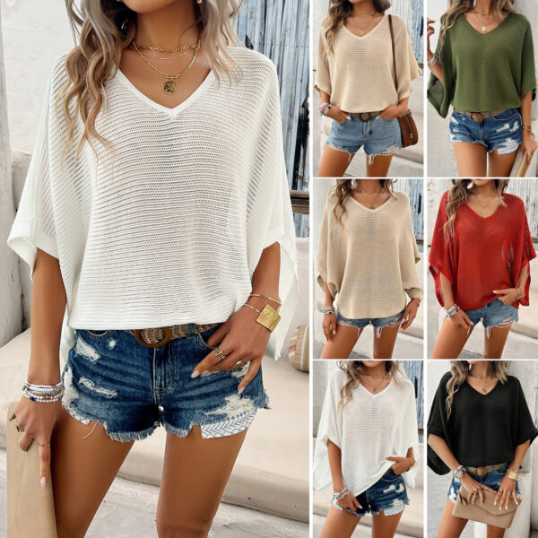 V-neck Bat Sleeve Short-sleeved T-shirt Top Summer Casual Loose Hollow Sweater Fashion Womens Clothing - Image 4