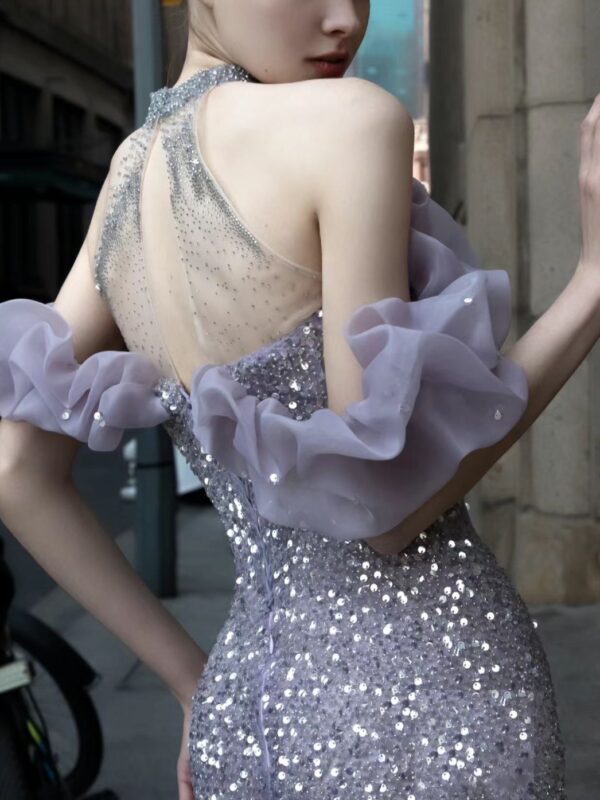 Purple Host Starry Sky Annual Meeting Beaded Toast Dress Halter Model Catwalk Fishtail - Image 4