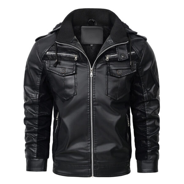 Hooded PU Leather Jacket Men's Winter Fleece Padded Coat European Size - Image 5