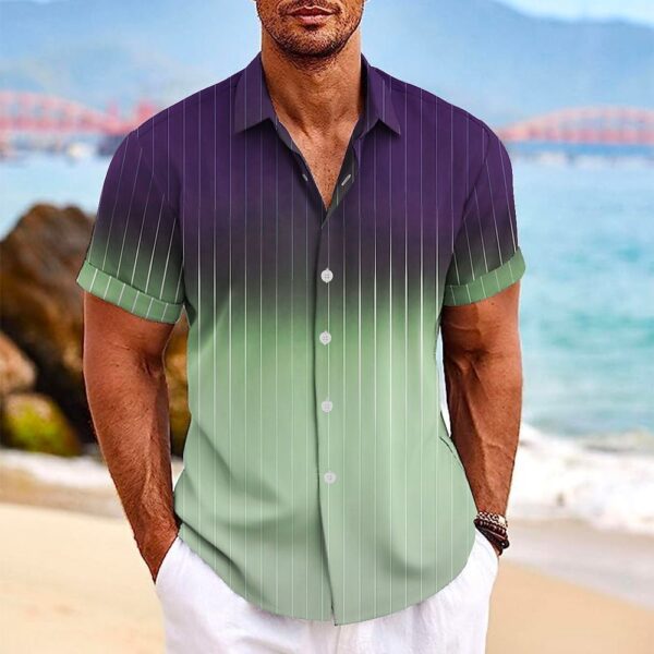 Lapel Button Short-sleeved Shirt Summer Fashion Gradient Striped Print Beach Shirt Leisure Tops Men's Clothing - Image 5