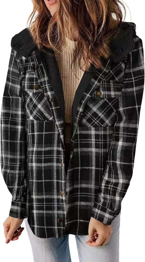 Casual Plaid Hooded Woolen Coat Thickened Fleece-lined Warm Jacket - Image 7