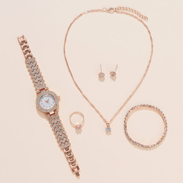 Women's Alloy Quartz Watch Necklace Earrings Bracelet Ring Suit - Image 4