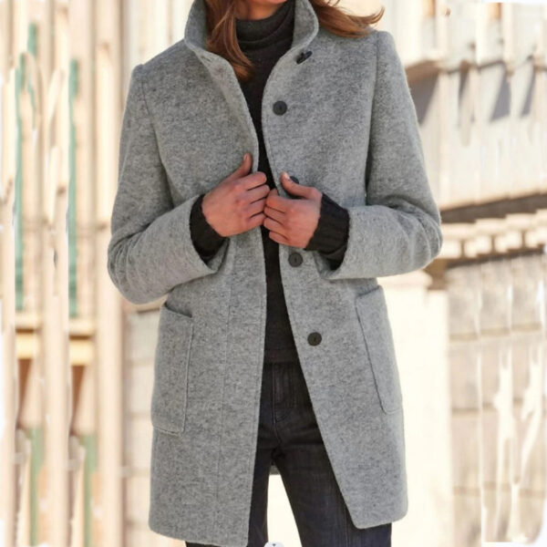 Fashion Stand Collar Woolen Coat With Pockets Fall Winter Casual Button Outwear For Women Clothing - Image 7