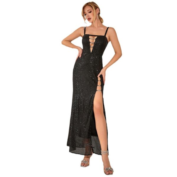 Elegant Elegant Hollow Out High Slit Sequin Sling Evening Party Dress - Image 4