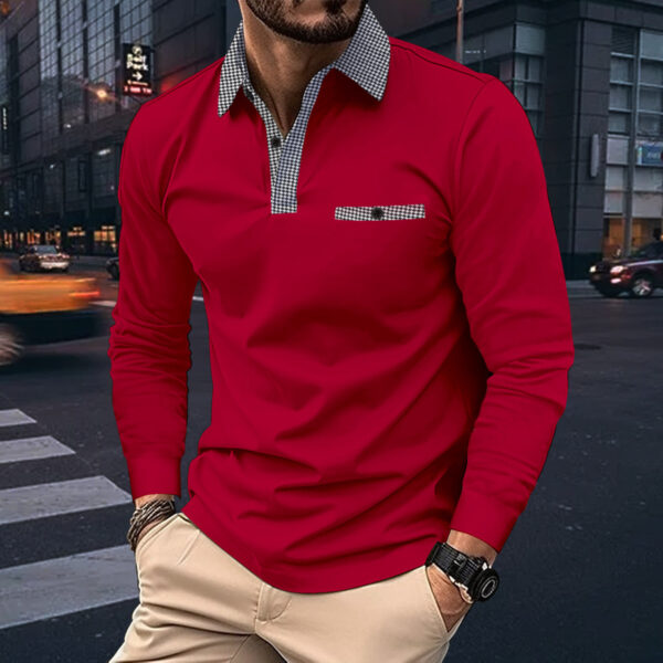 Leisure Plaid Lapel Polo Shirt Fashion Solid Color Long Sleeve Tops Men's Clothing - Image 2