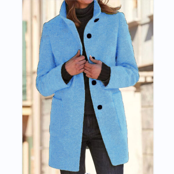 Fashion Stand Collar Woolen Coat With Pockets Fall Winter Casual Button Outwear For Women Clothing - Image 4