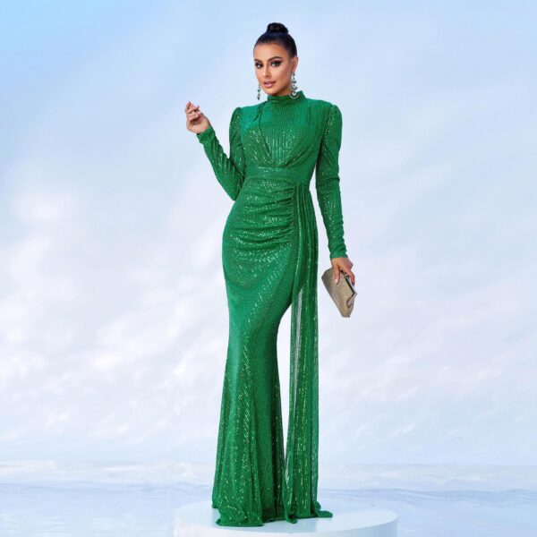 Long Sleeve Round Neck Sexy Slim Long Sequined Banquet Dress - Image 10