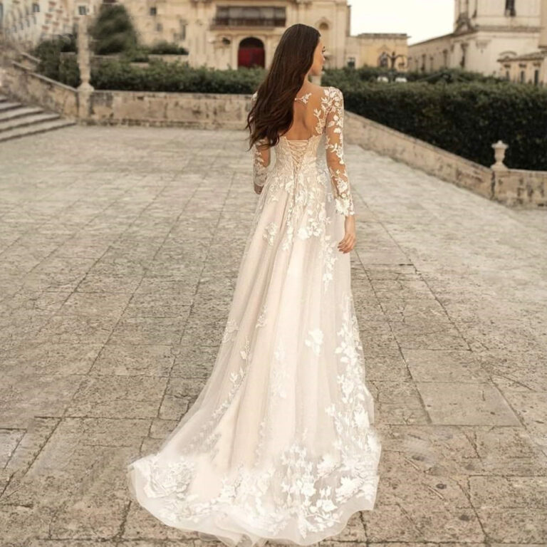 Long Sleeve Wedding Dress Mori Style Bridal Simple Round Neck - Image 4