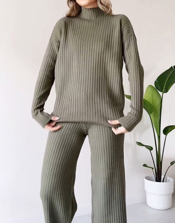 Turtleneck Knitted Suit Loose Split Design Long-sleeved Top And Straight Trousers Fashion Casual Solid Set Women's Clothing - Image 6