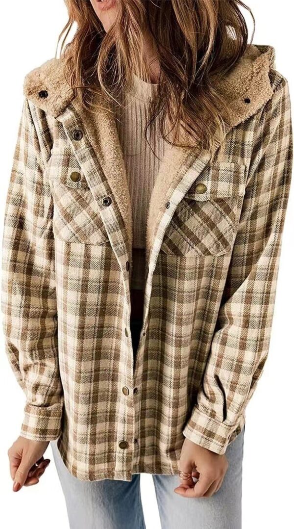 Casual Plaid Hooded Woolen Coat Thickened Fleece-lined Warm Jacket - Image 6