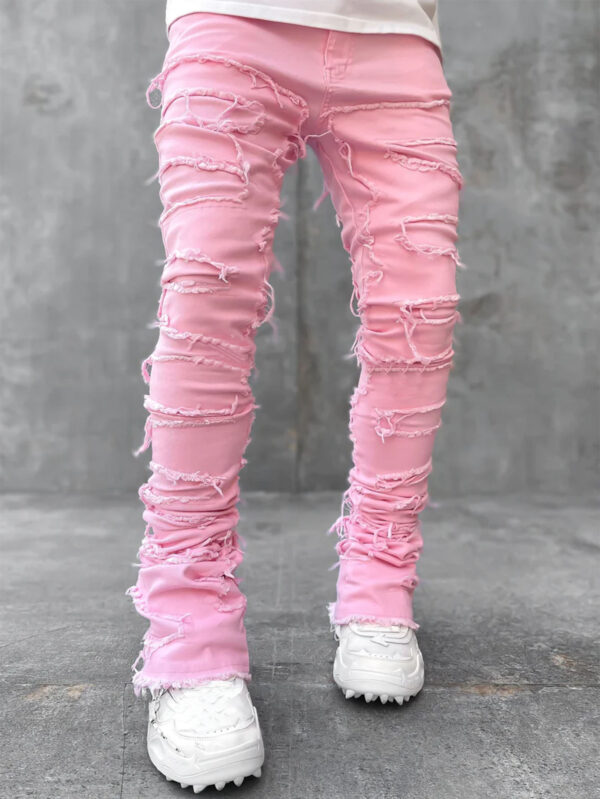 Men Trousers Individual Patched Pants Long Tight Fit Stacked Jeans For Mens Clothing - Image 3