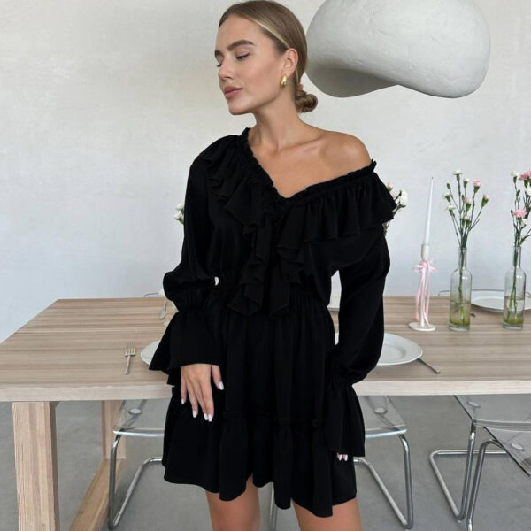 Fashion V Neck Pleated Ruffle Long Sleeve Dress Y2K V Neck Flared Sleeve Short Dress Women's Clothing - Image 4