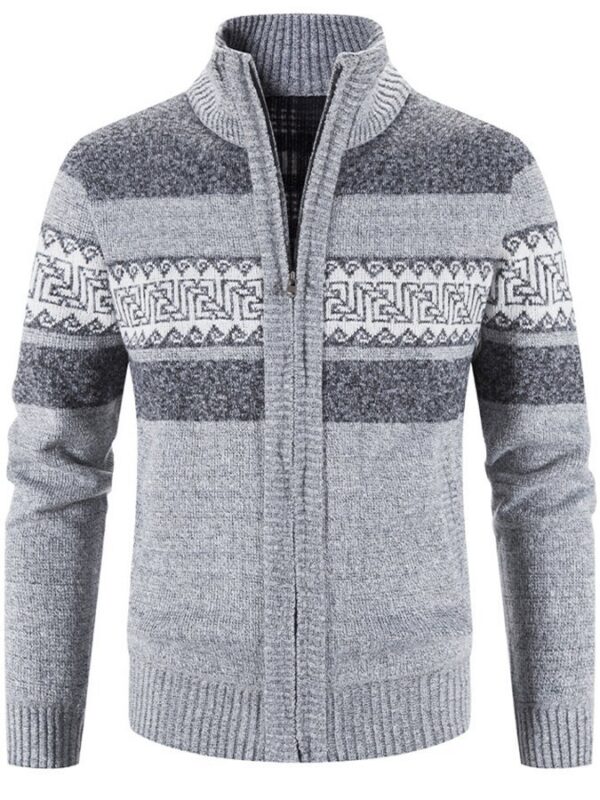 Casual Men's Hooded Color Block Printed Cardigan Knitted Cardigan Sweater Jacket - Image 5