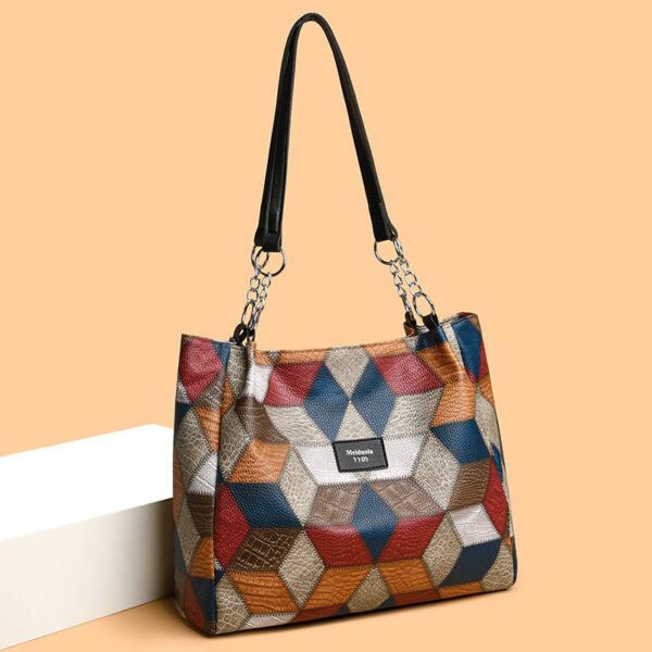 Retro Geometric Pattern Color-matching Shoulder Bag Fashion Large Capacity Stitching Handbag For Women Totes - Image 3