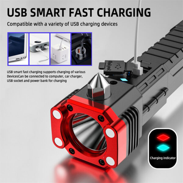 Car Safety Hammer Multifunctional Charging Power Work Light Emergency Fire Self-rescue Breaking Window Self-defense Flashlight - Image 6