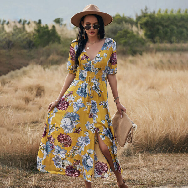 Floral Summer Beach Dress With V Neck Elastic Waist Dresses For Women - Image 5