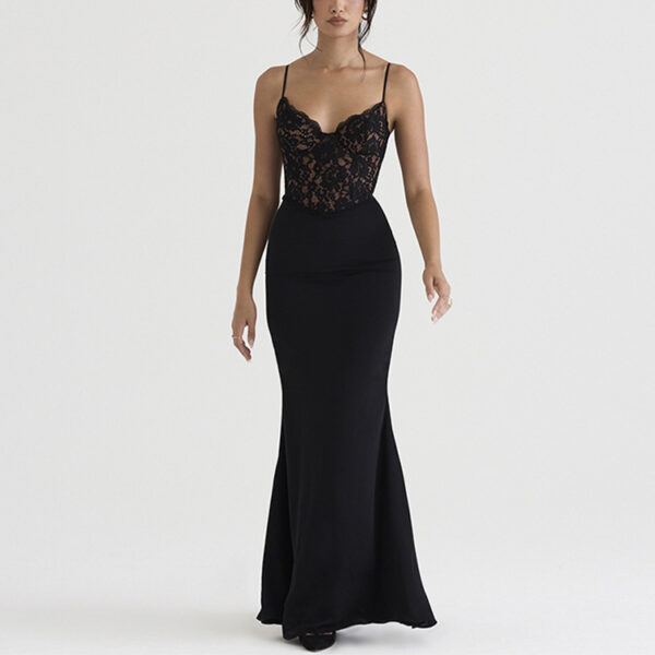 Lace High Waist Long Dress Deep V Strap Fishtail Gown - Image 2