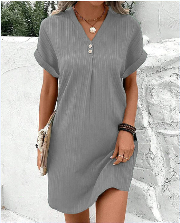 Fashion V-neck Short-sleeved Dress Casual Solid Strip Button Dresses Womens Clothing - Image 3