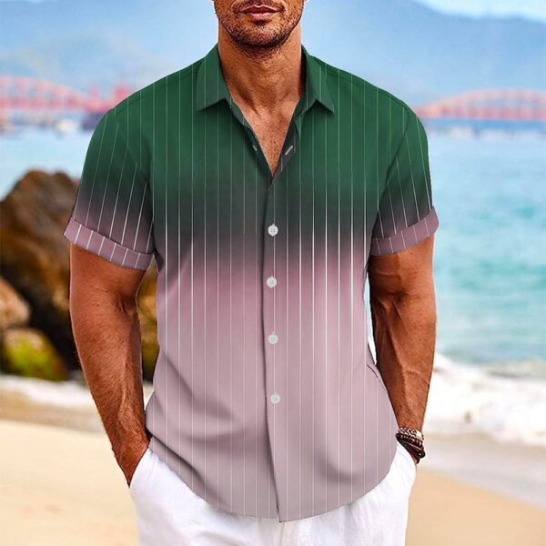 Lapel Button Short-sleeved Shirt Summer Fashion Gradient Striped Print Beach Shirt Leisure Tops Men's Clothing - Image 2