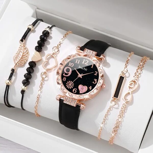 Women's Diamond Dial Belt Quartz Watch Beaded Bracelet Suit - Image 3