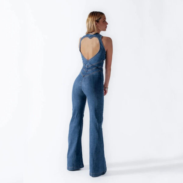 Summer Slim Heart-shape Backless Denim Jumpsuit Women Halter Neck Zip Up High Waist Panst Retro Style Clothing - Image 2