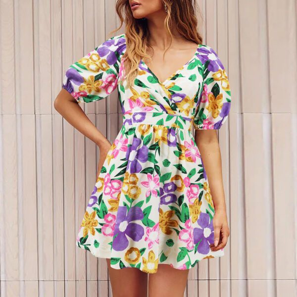 Flowers Print V-Neck Lantern-sleeve Dress Y2K Summer Vacation Beach Short Dresses Fashion Womens Clothing - Image 7