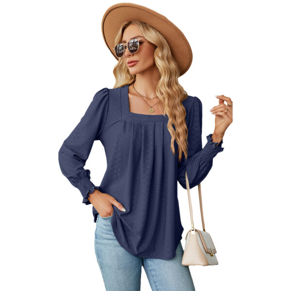 New Jacquard Pleated Square Neck T-shirt Fashion Solid Color Long Sleeve Pullover Tops Womens Clothing - Image 7