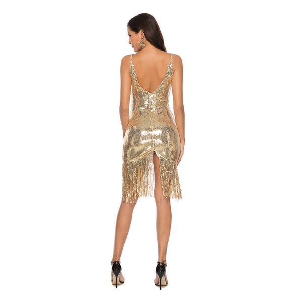 Deep V-Neck Sequined Fringed Backless Slip Dress - Image 7