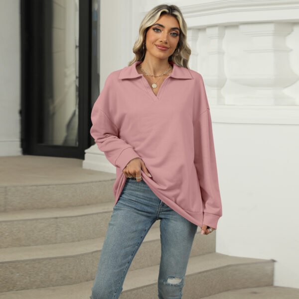 New Lapel V-neck Sweatshirt Fashion Casual Loose Solid Color  Long-sleeved Pullover Top For Womens Clothing - Image 9