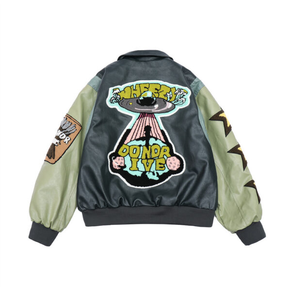 Cartoon Embroidery Contrast Color Stitching PU Leather Jacket Men's - Image 5