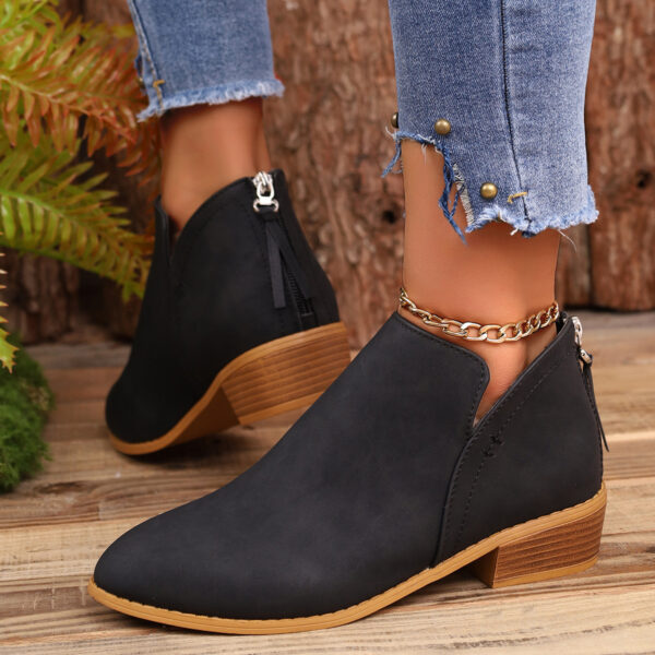 Chunky Heel Pointed Toe Ankle Boots With V-cut Design Fashion Fall Winter Short Boots For Women Shoes - Image 4