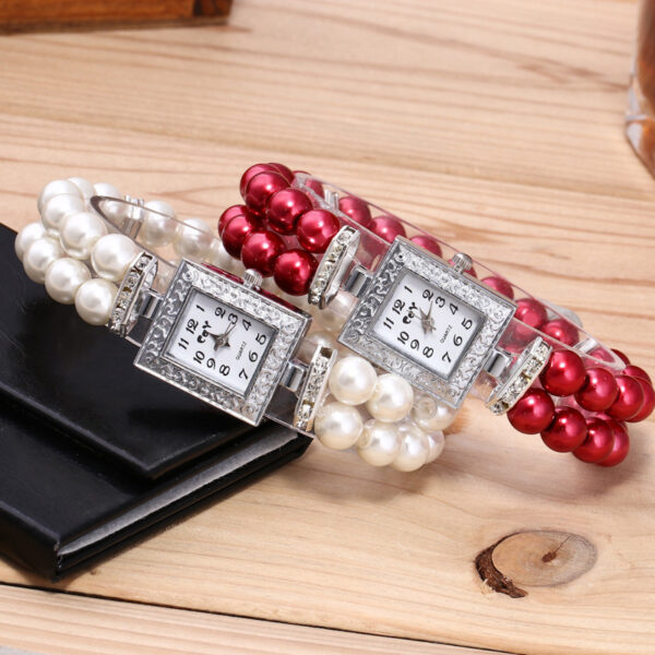 Artificial Glass Pearl Watch Bracelet Rectangular Women's Casual Watch - Image 3