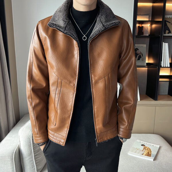 Hong Kong Style Velvet Padded Plus Size Men's Leather Jackets - Image 3