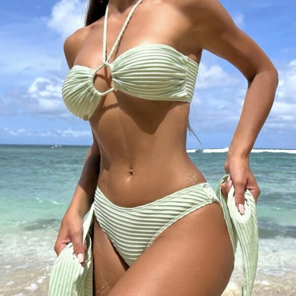 3pcs Solid Color Stripe Swimsuit Sexy Summer Beach Bikini Set Womens Clothing - Image 3