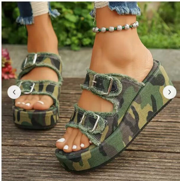 Fashion Denim Buckle Wedges Sandals Summer Outdoor High Heel Slippers Thick Bottom Camouflage Shoes For Women - Image 5