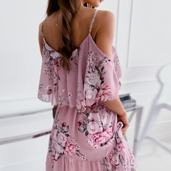 Flower Printed Ruffled Suspender Dress Summer Off-the-shoulder Strap Dresses Women - Image 4