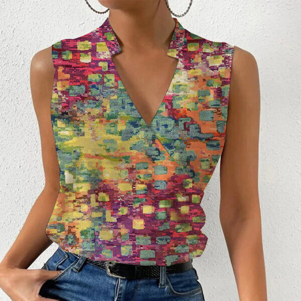 Casual Printed Tops Summer V-neck Sleeveless T-shirt Womens Clothing - Image 2