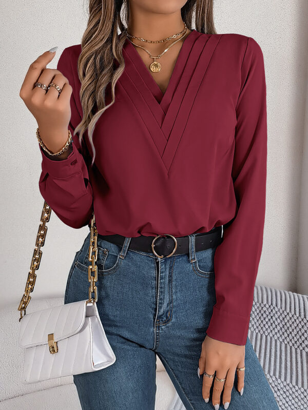 Fashion V-Neck Long Sleeve Shirt Elegant Commuter Solid Blouse Office Women's Clothing - Image 8