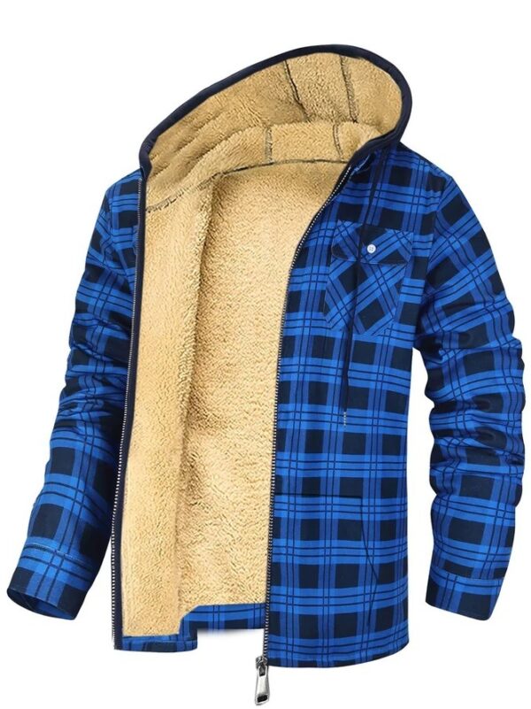 Men's Plaid Print Hooded Zip-Up Jacket Winter Thickened Cotton-padded Coat Warm Clothing - Image 2