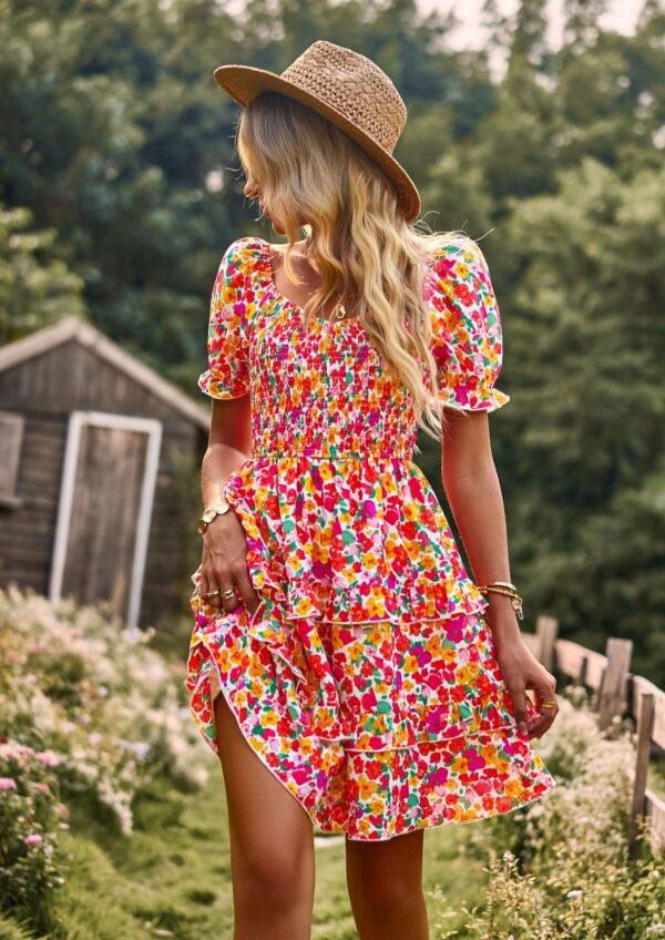 Floral Ruffle Summer Dress Short Sleeve Off Shoulder Mini Dress Beach - Image 3